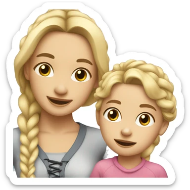 An emoji of a blonde mother with long hair, standing next to her 3-year-old daughter with black braided hair, both smiling sticker