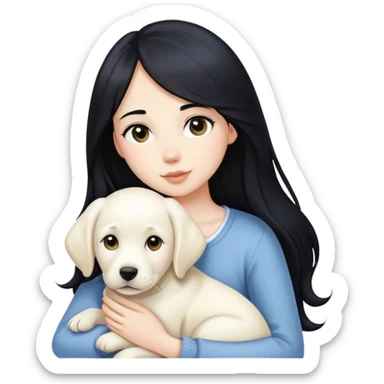 A beautiful girl with long black hair and fair skin is holding a white Labrador sticker