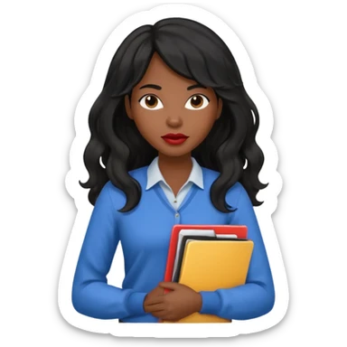 A young woman with long black hair, a wavy frange falling on half of her head. There's a long wavy stretch of hair falling on the side of her head. She's black, medium to dark skinned with thick lips. She's holding folders, and she's a CEO, but she's wearing casual clothes. sticker
