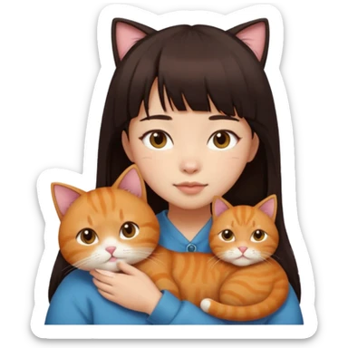 asian girl with black brown hair with bangs snuggle ginger cat emoji sticker