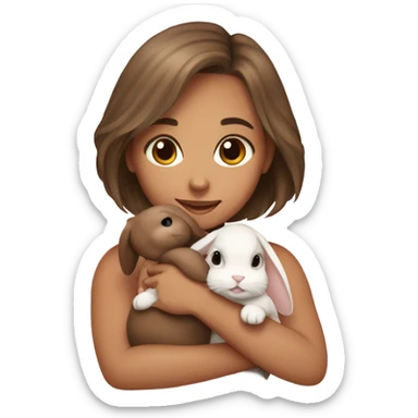 girl with bob hair hugging brown bunny mini lop sticker