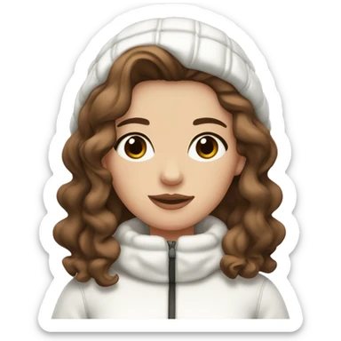 white girl with wavy brown hair and black eyes wearing a white and brown winter outfit sticker