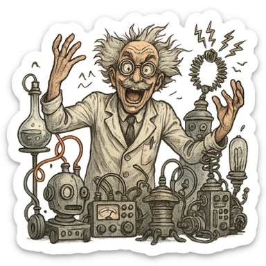 mad scientist going crazy, surrounded by inventions, frantic pose sticker