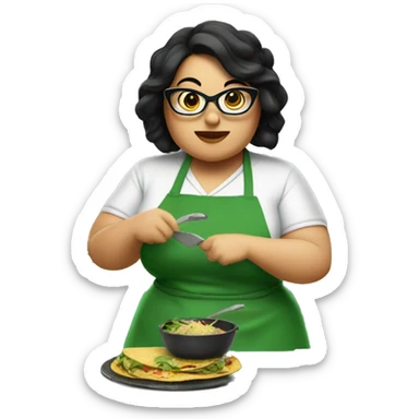 chubby lady with black hair green apron  with glasses cooking tacos sticker