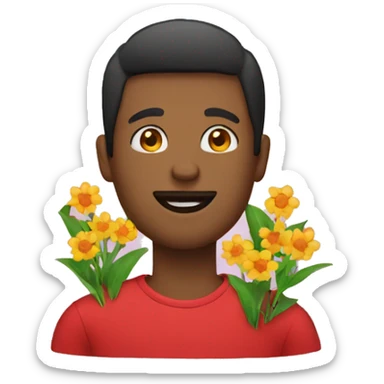 man have red teeshirt and have a flowers sticker