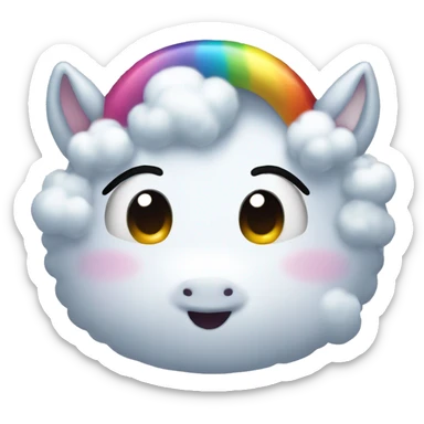 Design an emoji with a cute, cartoonish face, similar to iPhone emojis. Add a fluffy cloud, rainbow, and small unicorn above the head. Keep the style simple and colorful. sticker