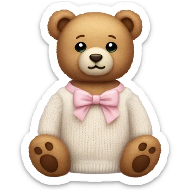 teddy bear wearing a cute light pink bow and a white knitted jumper sticker
