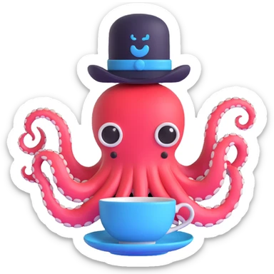 cybernetic octopus wearing a teacup as a hat sticker