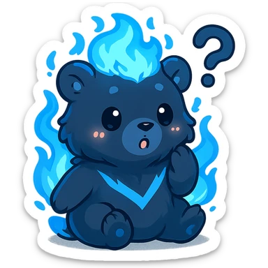 Transform this character into a super cute chibi version with a question mark above the head, keeping the blue flame details and overall color scheme. Make it adorable and expressive in chibi stickers style. sticker