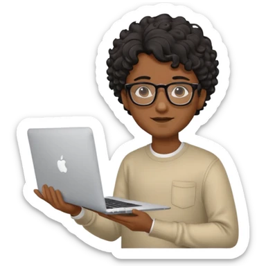 guy with wavy kinda curly black hair and skin tone a little bit brown and glasses, with a macbook sticker