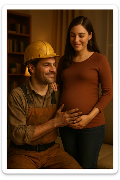 Vertical format, construction worker and pregnant wife sharing a quiet moment after repair, both smiling. Version 2 with alternate pose or background. sticker