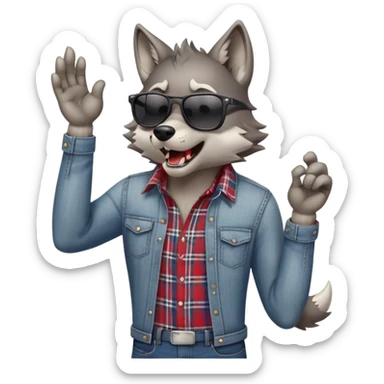 friendly anthropomorphised wolf in jeans and plaid shirt, wearing dark sunglasses, howling, dynamic pose sticker