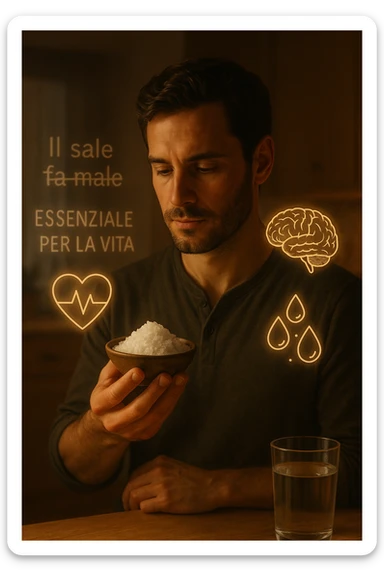 A realistic, cinematic illustration of a man in his early 30s holding a small bowl of unrefined sea salt in his hand, looking at it with awareness and respect. Around him, glowing minimalistic symbols of a beating heart, a brain, and hydrated cells appear, indicating the essential role of sodium in hydration, nerve conduction, and overall cellular health. In the background, faint text or floating words show the false myths: ‘Il sale fa male’, crossed out gently, while the phrase ‘Essenziale per la vita’ glows softly. The setting is a warm, softly lit kitchen with a glass of water nearby, emphasizing balance. The color palette is warm, natural, and calming, emphasizing that salt, when used consciously, is vital for human health, against common misconceptions demonizing it. sticker