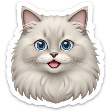 cinematic-adorable-big-eyed-fluffy-grey ragdoll-cat-portrait-emoji,-head-tilted-playfully-with-a-cute,-yawn,-white and grey fur,-simplified-yet-irresistibly-cute-features, blue eyes sticker