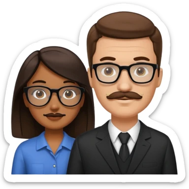 White brown cow boy with black glasses and mustache with a black black girl sticker