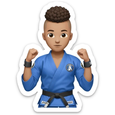 black karate instructor with pony tail afro hair and shaved bald sides haircut, Make the hair brown and the belt blue. Add the roger Gracie academy logo on the go also and the p logo of progress jiu jitsu on the right arm sleeve  at the top sticker