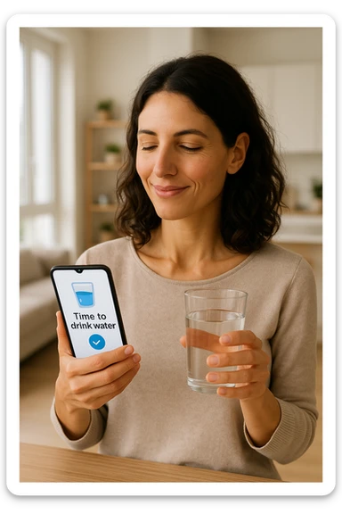 Donna che usa App per ricordarsi di bere, altrimenti non beve mai in italiano sticker