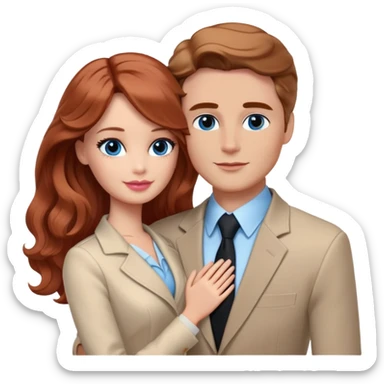 Barbie girl  , eyes blue , Chestnut red long wavy hair In pale beige clothes, Hugs a man with pale brown hair short haircut, brown eyes , and a black suit sticker