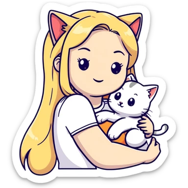pretty woman with pale skin, very long blonde hair hugging a cat sticker