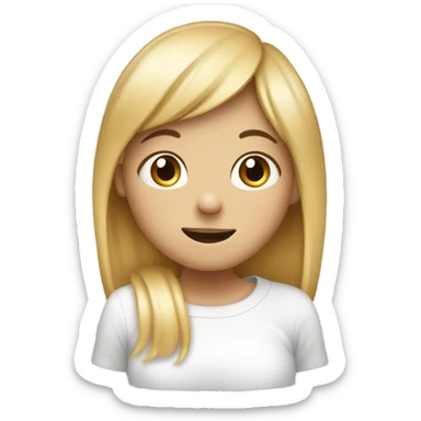 A very shy girl with red cheeks, a smiling girl with freckles on her cheeks, who covered her mouth with her hand out of shyness. She has blonde bangs. sticker