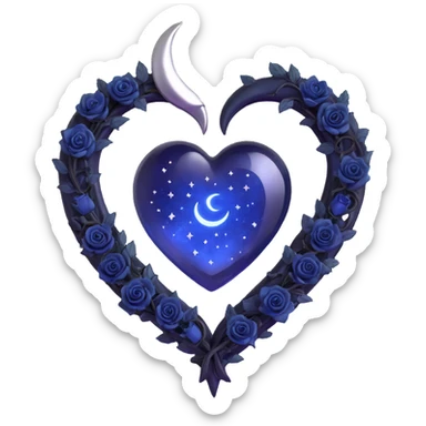 gothic heart made of midnight blue glass with a silver crescent moon, tiny black roses, shimmering stardust, magical glowing aura, floating runes sticker