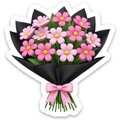 Create a baby pink and dark pink flowers bouquet with black wrap paper and with white bow sticker