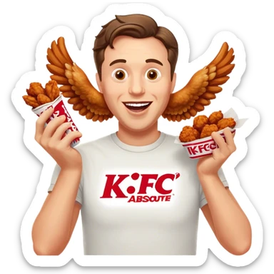 "Create an emoji of a white man holding KFC chicken wings with a happy and excited expression. Make sure to add the text 'KFC ABSOLUTE CINEMA ✋😮🤚' in large, bold letters, covering the entire screen and standing out clearly. This text must be included. Use a vibrant and expressive style." sticker