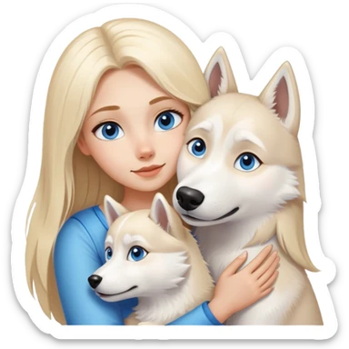 blonde girl with long blonde hair and blue eyes hugging a white husky with brown eyes sticker