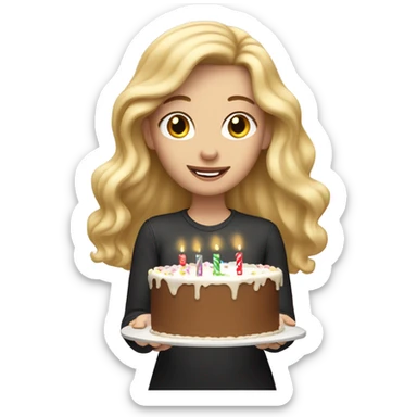 White woman, long hair, blonde hair, wavy hair, holding birthday cake sticker