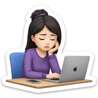 Create an emoji of a tired girl of Asian descent, sitting at a laptop, looking exhausted and frustrated. They have slouched posture, representing overwork and burnout. sticker