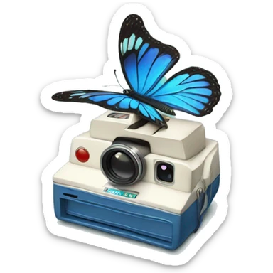 a blue butterfly coming out of a polaroid photo sticker
