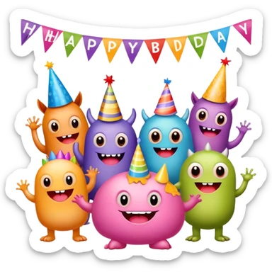 Cute monsters celebrating a birthday with a banner that says Happy B-Day sticker