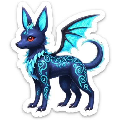 Shiny Fiery Dark Ugly Evil Realistic Glowing Eldritch Horror Cool Edgy Badass Emo Glorious Demonic Batty Dusky Ethereal Sparkly Shimmering Magical Punky Aural Iridescent Fluorescent Bioluminescent Umbreon-Noibat-Salandit-Litten-Flareon-Fakémon-fusion (full body) with intricate pattern markings sticker