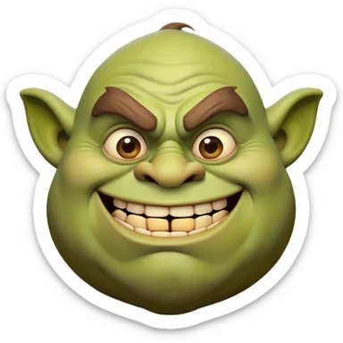Cinematic Comical Ogre Portrait Emoji, with a strikingly exaggerated, bulky figure in vivid earthy greens and browns, head tilted in a dramatically surprised expression with wide, comically bulging eyes and a goofy, oversized grin, simplified yet hilariously exaggerated, highly detailed with a soft, cartoonish glowing outline capturing the playful absurdity of a meme-worthy ogre! sticker