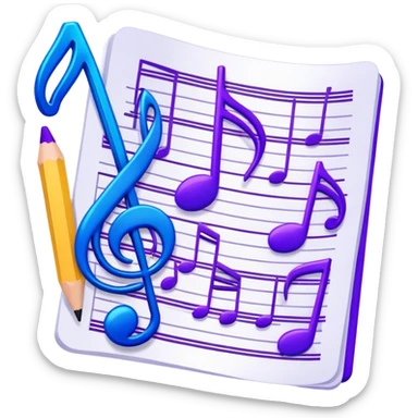 Emoji that represents music track writing. The design should feature a music composition sheet with musical notes and lyrics, a digital audio workstation (DAW) interface or soundwaves, and a pencil or pen to symbolize the writing process. Add a touch of technology with subtle elements like sound mixing sliders or waveform graphics. Use a blend of vibrant and inspiring colors, such as electric blue or neon purple, to evoke a sense of creativity and innovation. The background should be transparent. sticker