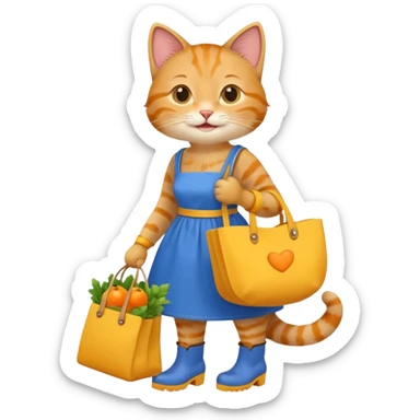 smiling-cat-in-a-blue-dress,-yellow-boots,-carrying-a-market-bag sticker