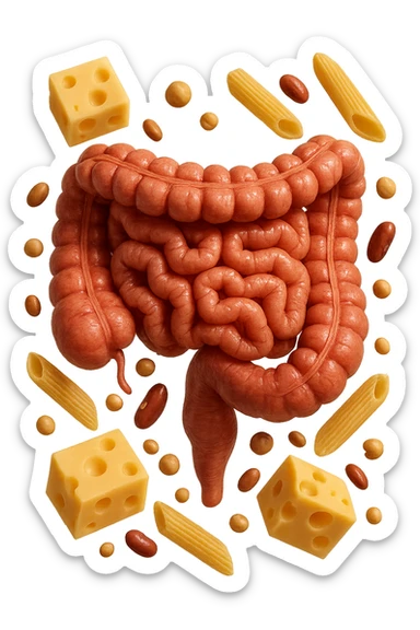 PEZZETTI DI EMMENTAL, PENNE DI PASTA RIGATE E LEGUMI FLUTTUANO INTORNO AD UN INTESTINO UMANO ANATOMICO REALISTICO, iperrealistico 4k sticker