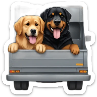 A rottweiller and A Golden retriever hugging a rottweiller on a moving truck sticker