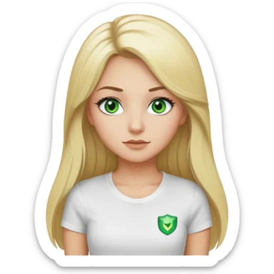 Un fille blonde au yeux vert je veut du mascara sur mais sil je veux un t-shirt blanc moulant et je veux un pantalon noir et les cheveux longs  sticker