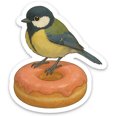 ghibli style great tit bird perched on a donut sticker