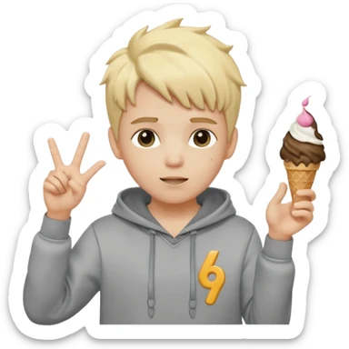 a white kid with a ice cream hairstyle blone hair with a grey hoodie and his above his hands saying 67 one 6 on 1 hand 7 on the other sticker