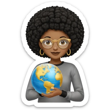a young woman wearing gold round glasses and black afro hair, she has light black skin, she's wearing a professional sweater and she's holding a globe in her hand sticker