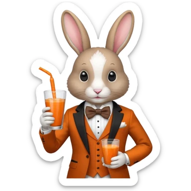 rabbit wearing suit, bowtie and top hat, holding glass of carrot juice sticker