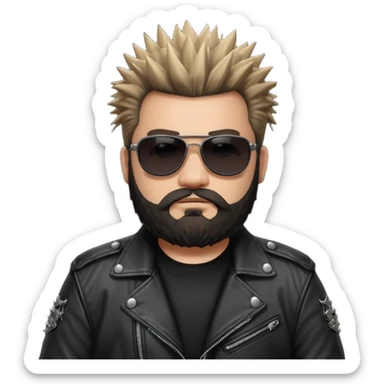 biker gang with black sunglass and rugged and fat guy bearded spicks hair black jacket sticker