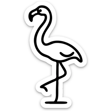 A flamingo in profile with its distinctive curved neck, slender legs, and characteristic beak. The bird is standing elegantly with one leg raised. sticker