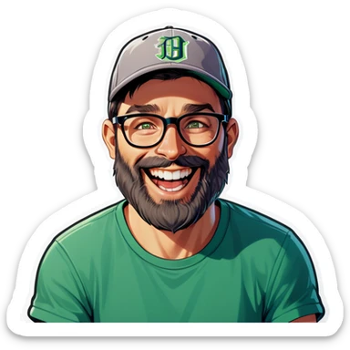 A man with a grey baseball cap, green eyes, big dark brown beard and glasses, laughing sticker