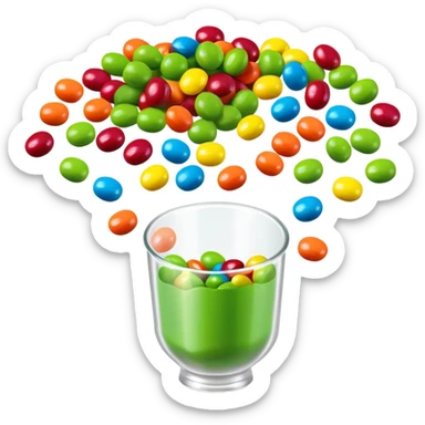 Regular colorful rainbow Skittles candy package spilling only green round candies, standard colorful Skittles packaging with only green Skittles coming out sticker