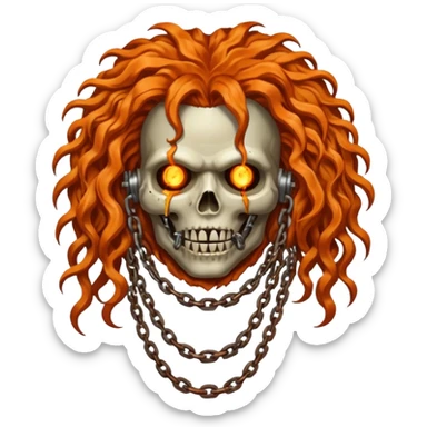 steam-punk Megadeth - iconic corpse made of rusty metal with chains on its teeth, huge curly orange hair sticker