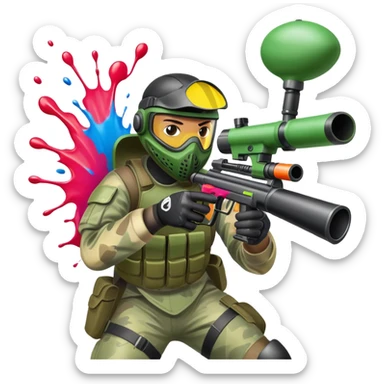 A paintball player in full gear, aiming a paintball gun with focus and determination. The scene includes vibrant splashes of paint and a dynamic battlefield setting, emphasizing action, strategy, and teamwork in a competitive environment sticker