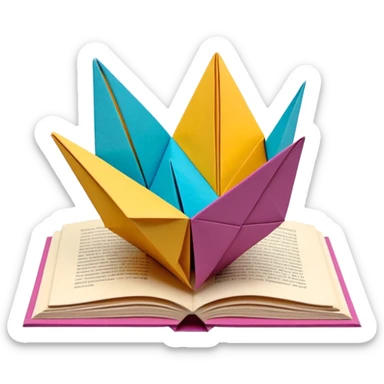 3D render of Pop-Up Book entirely of folded origami paper, sharp creases, cardboard texture, matte finish, visible paper grain, craft aesthetic, sticker